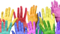 Many colorful hands waving and symbolizing diversity. Many colorful hands waving and symbolizing diversity.