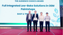 The image shows a recognition moment on stage at the CARES Asia Conference in Suzhou, where BASF Coatings, TGPM, and SABIC received the Audience Choice Award for their innovative “Fully Integrated Low-Bake Solutions in OEM Paintshops.” The backdrop highlights the award title and project name, emphasizing the achievement in sustainable automotive manufacturing. The image shows a recognition moment on stage at the CARES Asia Conference in Suzhou, where BASF Coatings, TGPM, and SABIC received the Audience Choice Award for their innovative “Fully Integrated Low-Bake Solutions in OEM Paintshops.” The backdrop highlights the award title and project name, emphasizing the achievement in sustainable automotive manufacturing.